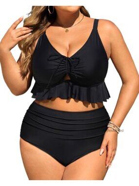 Plus Size High Waist Bikini Set with Ruffle Tummy Control